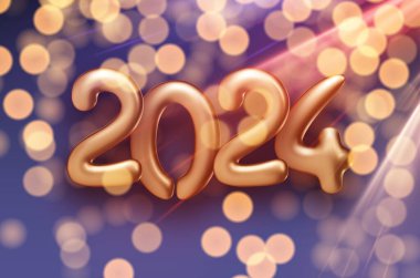 Yeni yıl 2024 rakamları mor zemin üzerinde şişirilmiş folyo balonlardan yapılmıştır. Bulanık altın ışık parçacıkları ve güneş ışınları vardır. Vektör illüstrasyonu.