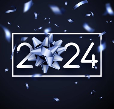 Yeni Yıl 2024 arka planda gümüş mavisi bulanık konfetiden yapılmış gölgeli beyaz kağıt numaralarıyla. Vektör illüstrasyonu.