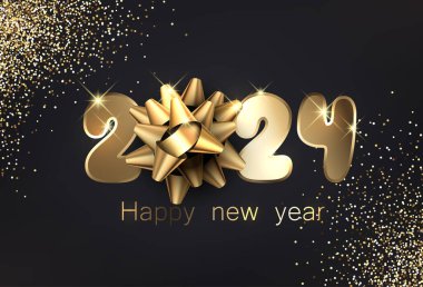 Yeni Yıl 2024 altın sarısı sayılar, takvim için pruva, siyah zemin, altın kum ya da küçük folyo parçacıkları. Vektör illüstrasyonu.