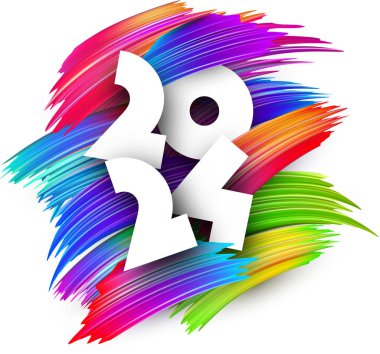 Yeni Yıl 2024 takvim başlığı için farklı renk fırça darbelerinden yapılmış renkli arkaplan numaraları. Vektör illüstrasyonu.