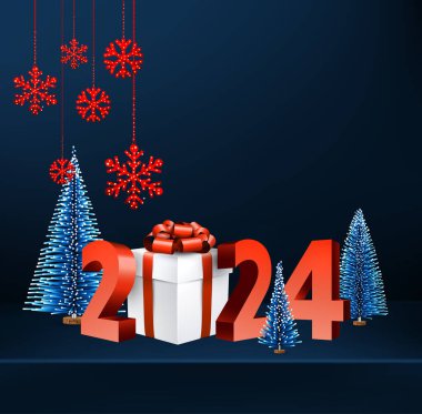 Yatay koyu mavi 3D pankart, kırmızı 2024 harfli ve hediye kutusu var. Kırmızı parlak kar taneleri ve yeşil Noel ağaçları. Vektör illüstrasyonu.