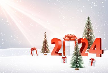 Yeni yılın kutlu olsun. Kar yığınları ve güneş ışığı üzerine 2024 kırmızı 3d harfli. Parlak kırmızı fiyonklu bir hediye kutusu ve Noel ağaçları. Vektör illüstrasyonu.