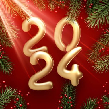 Kırmızı zemin üzerinde yeşil köknar dalları ve güneş ışığıyla parlayan balonlardan yapılmış 2024 altın harfli mutlu yıllar. Vektör illüstrasyonu.