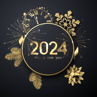 Kar taneleri, köknar dalları, saat yüzlü ve parlak parçacıkları olan yuvarlak siyah zemin üzerinde parlak balonlardan yapılmış 2024 altın harfli mutlu yıllar. Vektör illüstrasyonu.