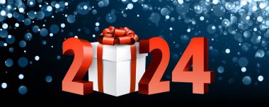 Yeni yılınız kutlu olsun. Koyu mavi arkaplanda kırmızı 3D harfler. Bokeh ve yuvarlak odağını kaybetmiş parlak parçacıklar. Hediye kutulu parti davetiyesi. Vektör illüstrasyonu.