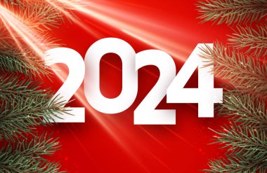 2024 Yeni Yıl posteri, üzerinde beyaz harflerle yeşil köknar dalları ve güneş ışığı olan parlak kırmızı arkaplan. Vektör illüstrasyonu.