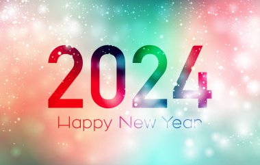 Mutlu yıllar 2024 harfleri yatay soyut renkli pankartta ve dağılmış kar taneleriyle. Parti davetiyesi. Vektör illüstrasyonu.