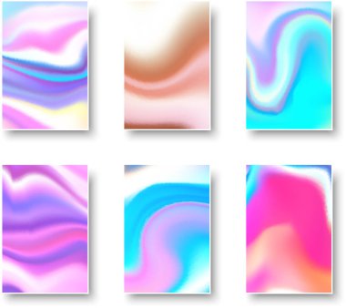 Renkli hologram kağıt seti. Soyut holografik dalga gradyan örgü renk arkaplanı. Davetiye, web sayfaları, uygulamalar, parti broşürleri, basit web tasarımı için yapılmış. Vektör illüstrasyonu.