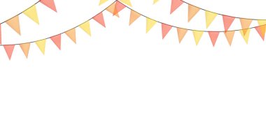 Parçalanmış kumaş parçalarından yapılmış bayraklı renkli çelenkler. Festival için dekoratif parti flamaları, parti kutlaması. Bayrakları asılmış tatil geçmişi. Vektör illüstrasyonu.