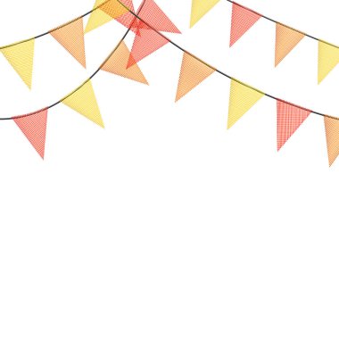 Parçalanmış kumaş parçalarından yapılmış bayraklı renkli çelenkler. Festival için dekoratif parti flamaları, parti kutlaması. Bayrakları asılmış tatil geçmişi. Vektör illüstrasyonu.