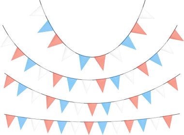 Parçalanmış kumaş parçalarından yapılmış bayraklı kırmızı ve mavi çelenkler. Festival için dekoratif parti flamaları, parti kutlaması. Bayrakları asılmış tatil geçmişi. Vektör illüstrasyonu.