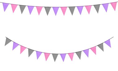 Parçalanmış kumaş parçalarından yapılmış bayraklı renkli çelenkler. Festival için dekoratif parti flamaları, parti kutlaması. Bayrakları asılmış tatil geçmişi. Vektör illüstrasyonu.