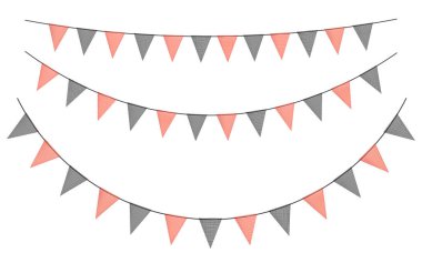 Kara Cuma indirimli kumaş parçalarından yapılmış bayraklı renkli çelenkler. Festival için dekoratif parti flamaları, parti kutlaması. Bayrakları asılmış tatil geçmişi. Vektör illüstrasyonu.