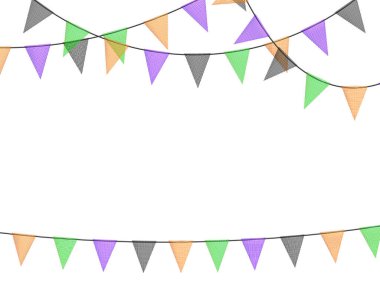 Cadılar Bayramı Karnavalı rengarenk kumaş parçalarından yapılmış bayraklarla süslenmiş çelenkler. Festival için dekoratif parti flamaları, parti kutlaması. Bayrakları asılmış tatil geçmişi. Vektör illüstrasyonu.