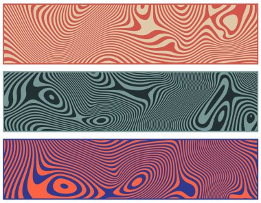 Dalgalı kontrast çizgili ve optik parazit efektli retro pankartlar. Poster, el ilanı, davetiye, kapak, afiş için hareket yanılsaması. Vektör illüstrasyonu