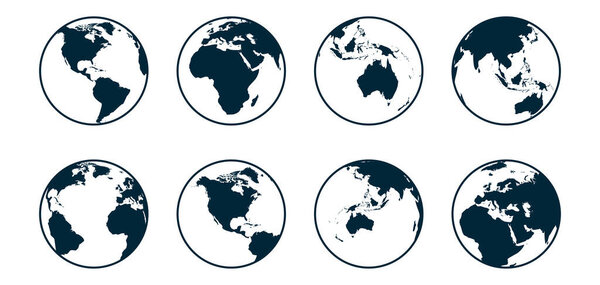 Голубой и белый земной шар установлен. Высокая подробная завернутая карта мира в круглой форме. Векторная иллюстрация.