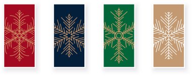 Mutlu Noeller ve Geometrik kar taneleriyle dolu yeni yılınız kutlu olsun. Minimum sanat afişi, poster şablonları. Vektör İllüstrasyonu.