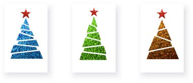 Parlak efektli renkli Noel ağaçları. Mutlu Noeller ve mutlu yıllar tebrik kartları, posterler, semboller. Vektör illüstrasyonu