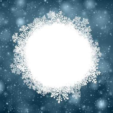 Mavi desenli ve bulanık kar taneleri olan beyaz, pürüzlü bir arka plan. Mutlu Noeller ve mutlu yıllar tebrik kartı. Vektör illüstrasyonu