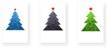 Renkli geometrik desenli, parıltılı Noel ağaçları. Mutlu Noeller ve mutlu yıllar tebrik kartları, posterler, semboller. Vektör illüstrasyonu