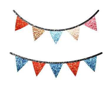 Doğum günü kutlaması ve Noel festivali için beyaz arka planda izole edilmiş renkli bayraklı karnaval çelengi. Vektör illüstrasyonu.