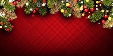 Gerçekçi görünen yeşil ve altın renkli Noel ağacı dalları, böğürtlenler, kar taneleri ve parlayan ışıklarla dolu tatil kırmızı arka planı. Vektör illüstrasyonu