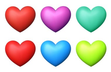 Beyaz arka planda renkli 3D gerçekçi kalp sembolleri. Afiş ya da harf şablonu için Sevgililer Günü klipiniz kutlu olsun. Vektör illüstrasyonu