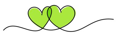 Tek bir çizgiyle birbirine bağlı canlı yeşil kalpler. Vektör illüstrasyonu