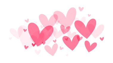 yumuşak pembe renkli kalplerin beyaz arka plana yayılması, Sevgililer Günü kutlamaları için temiz ve romantik bir zemin sunması, davetiyeler, ya da içten mesajlar