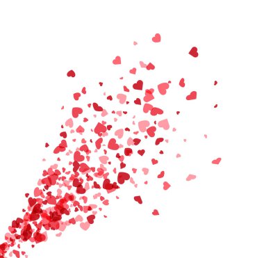 Koyu kırmızıdan beyaz renge kadar uzanan güzel kalpler berrak bir arkaplanda patlıyor. Vektör illüstrasyonu