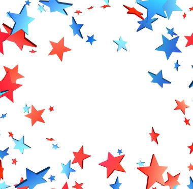 Beyaz zemin üzerinde 3D kırmızı ve mavi yıldızlar, Amerikan kutlama teması ve tasarımları için mükemmel..