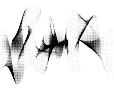 Yarım tonluk nokta deseni ile yaratılmış iki dalgalanan dalga şeklindeki monokromatik bir görüntü, dijital ses görselleştirme veya minimalist sanat duygusunu çağrıştırıyor..