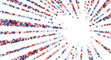 Bir dizi kırmızı, beyaz ve mavi yıldız Amerikan vatanseverliğini ve kutlamalarını sembolize eden dinamik bir patlama düzeni oluşturuyor..