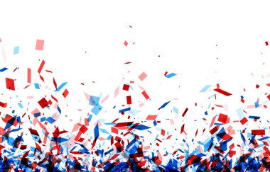 Kırmızı, beyaz ve mavi konfeti parçaları yükseliyor. Vatansever etkinlikler ve Bağımsızlık Günü kutlamaları için mükemmel..