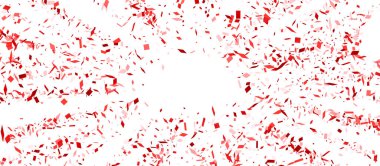 Merkezden kırmızı konfeti parçalarının patlaması beyaz zemin üzerinde güçlü bir kutlama patlaması yaratıyor..
