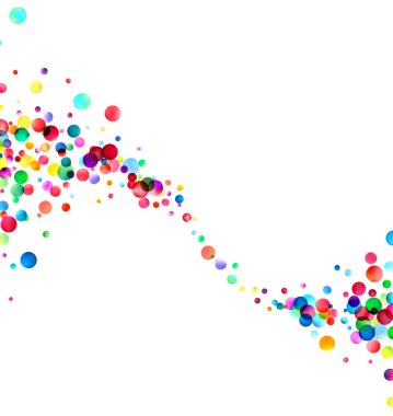 Renkli kabarcıkların dinamik dalgası beyaz bir arkaplan boyunca akıyor, değişik boyutlarda ve renklerde..