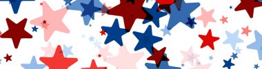 Üzerinde kırmızı, beyaz ve mavi yıldızlar serpiştirilmiş dinamik bir bayrak, Amerikan bayramları ve kutlamaları için mükemmel..