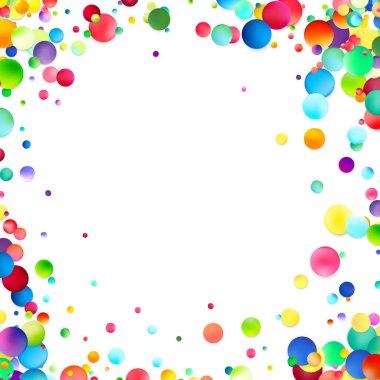 Renkli baloncuklardan oluşan neşeli bir sınır, temiz beyaz bir merkezi çevrelemiş, neşeli mesajlar veya kutlama tasarımları için mükemmel..
