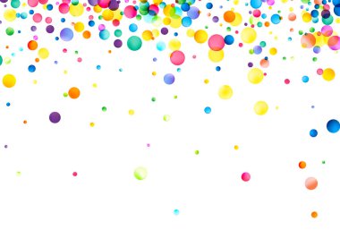 Parlak renkli, şeffaf kürelerin geniş bir yelpazesi beyaz bir zemin üzerinde yüzüyor, neşeli ve kaprisli bir hava yayıyor..