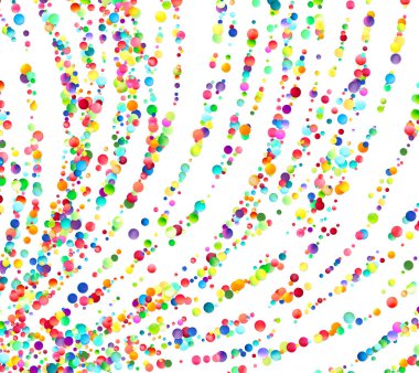 Gökkuşağı renkli baloncukların canlı yağmuru çapraz olarak çağlayarak beyaz arka planda canlı ve coşkulu bir şablon oluşturuyor..