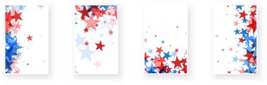 Kırmızı ve mavi yıldızlı şenlikli tasarımlar sayfanın aşağısına Amerikan vatanseverliğini anımsatıyor. Vektör illüstrasyonu