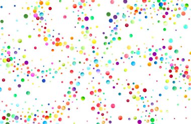 Dinamik ve şenlikli bir konfeti patlaması simülasyonu yaparak beyaz arka plana saçılmış renkli noktaların canlı bir görüntüsü..
