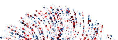 Kırmızı, beyaz ve mavi yıldızların dinamik bir şekilde çapraz akışı beyaz arka planda vatansever bir temayı çağrıştırıyor..