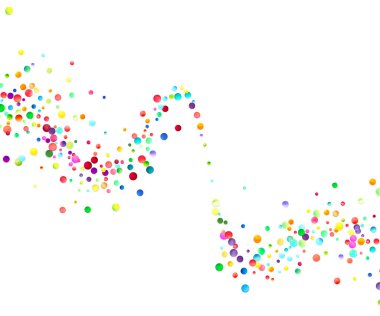 Renkli kabarcıkların dinamik dalgası beyaz bir arkaplan boyunca akıyor, değişik boyutlarda ve renklerde..