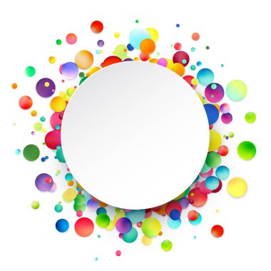 Çok renkli noktalarla çevrili beyaz dairesel bir çerçeve, neşeli kutlamalar ve canlı duyurular için mükemmel..