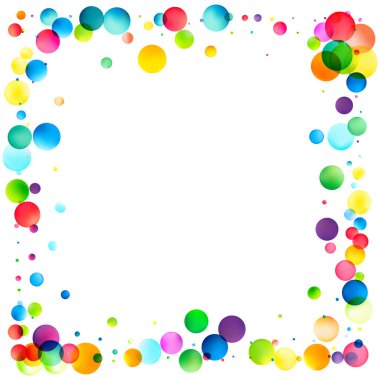 Renkli, şeffaf kabarcıklar, boş beyaz bir alan etrafında neşeli ve neşeli temalar için mükemmel bir sınır oluşturur..