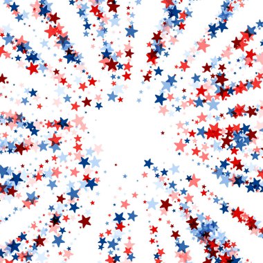 Bir dizi kırmızı, beyaz ve mavi yıldız Amerikan vatanseverliğini ve kutlamalarını sembolize eden dinamik bir patlama düzeni oluşturuyor..