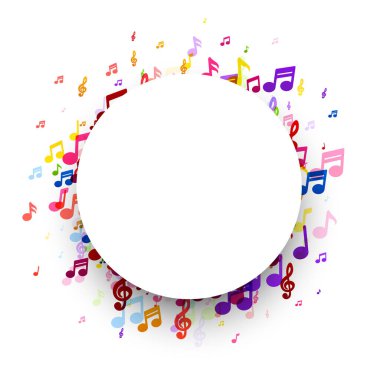 Renkli notalarla çevrili merkezi dairesel beyaz çerçeve, davetiyeler veya müzik etkinliği programları için ideal..
