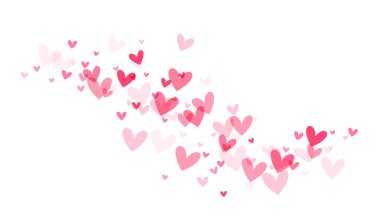 Yumuşak pembe, canlı kırmızı kalpler, beyaz bir arkaplanda çapraz olarak dağılır, sevgi ve şefkat taşır..