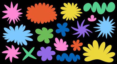 A collection of bold, abstract shapes in a variety of colors spread across a dark background, evoking a sense of creativity and imagination. clipart